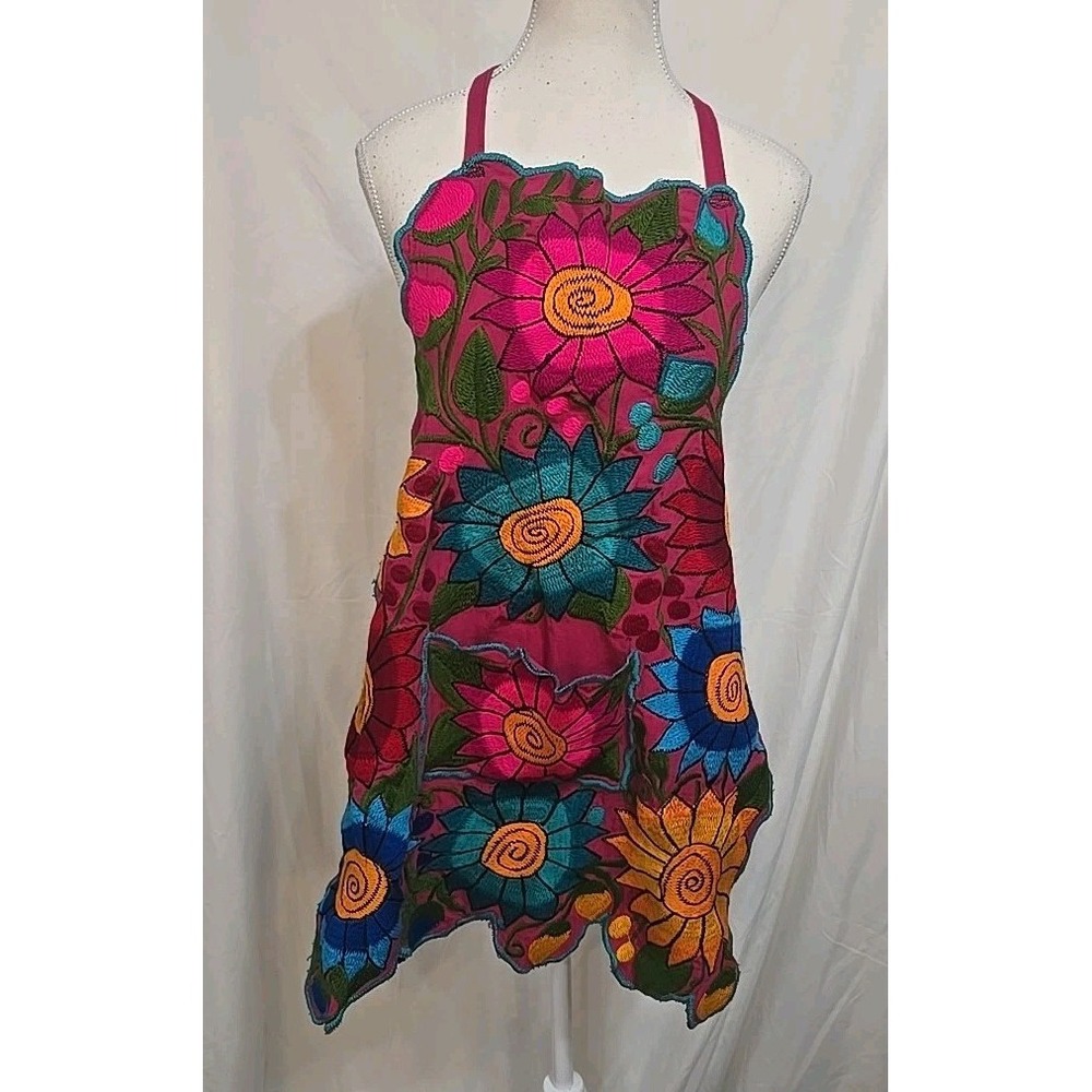 Bright Multicolor Women's Handmade Apron Pink Floral Embroidered Pocket Colorful